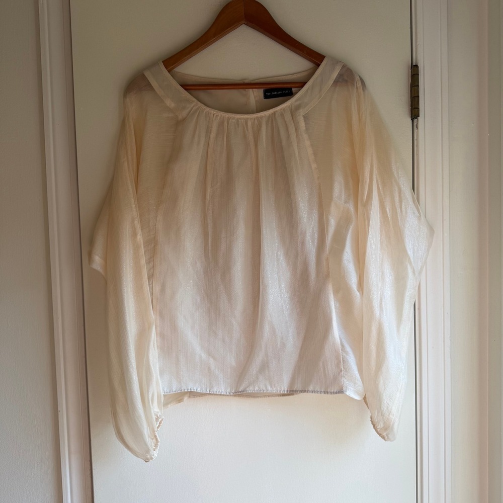 The Addison Story Sheer Lurex Blend Blouse Cream Long Sleeve Keyhole Neck M